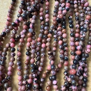 5 15” STRANDS OF PINK RHODONITE GEMSTONE 6MM ROUND BEADS
